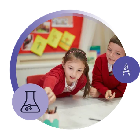 Two pupils taking part in a hands-on classroom activity, reaching across a table to explore materials together, with science-themed graphics displayed around the image.